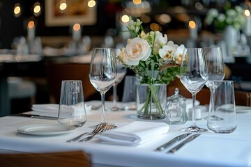 Elegant Table Setting at a Sophisticated Restaurant: Capturing the Fine Details and Ambiance of an Upscale Dining Experience