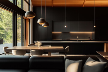 Sophisticated home interiors, soft black, warm neutrals, high-end materials, solid wood accents, natural Willamette Valley lighting, minimalist elegance, cinematic photography, luxury design