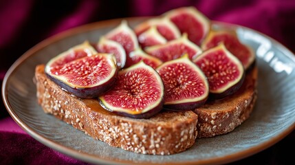 Freshly prepared fig slices on toasted whole grain bread served on a plate with a rich background