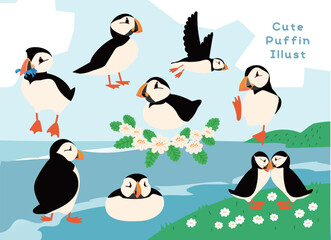 Obraz premium Cute Puffin Illustration Set