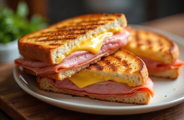 Delicious grilled ham and cheese panini sandwich on plate. Crispy toasted bread with melted yellow cheese and sliced ham. Lunch or dinner food concept, tasty meal, gourmet. Close up view.