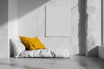 Modern loft room with blank poster and yellow pillow