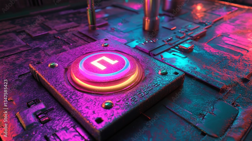 Poster pink and blue activate technology concept is visually represented through a neon-lit power symbol, s