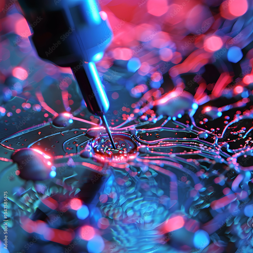 Poster precision soldering on high-tech circuit board with neon lights