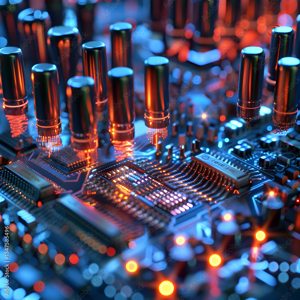 Poster advanced vertical chipset layout on colorful tech circuit board
