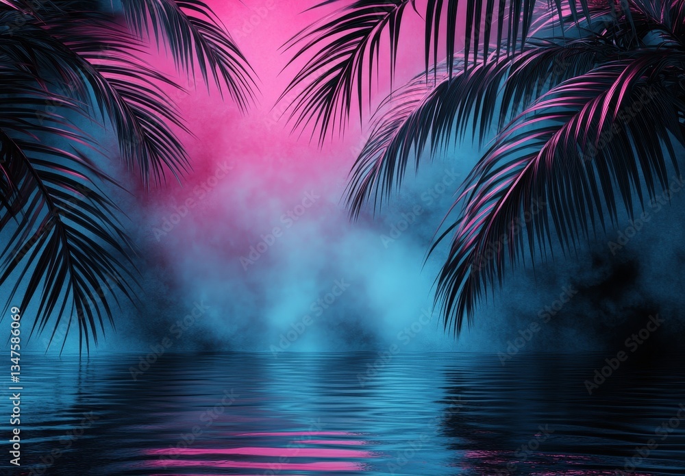 Poster a futuristic abstract background featuring neon lights and the reflection of palm trees on water at 