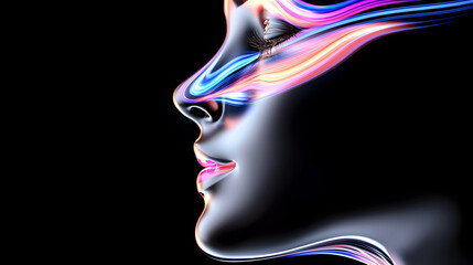 Abstract Profile of a Woman with Glowing Neon Lines and Colorful Digital Effects