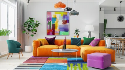 Eclectic modern living room vibrant furniture bold artwork creative atmosphere colorful textures isolated white background