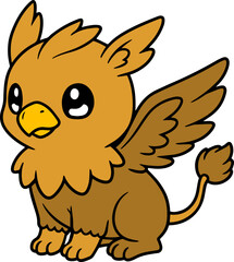 Cute Young Griffon Creature With Brown Feathers and Wings Sitting Playfully