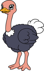 Illustration of a Playful Female Ostrich with a Colorful Feathered Body in a Whimsical Style