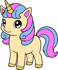 Adorable Cartoon Unicorn with Colorful Mane and Playful Expression