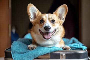 Preparing for a journey, a woman gently tucks her corgi puppy into a suitcase. The trip includes a hotel stay, exciting tours, and tourism adventures. Her dedication to pet care and safe animal