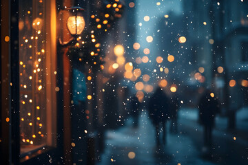 Festive evening street with blurred snowfall and decorative Christmas lights