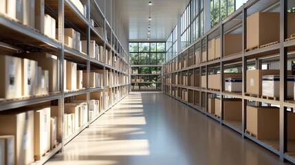 Warehouse storage, sunlight, boxes, inventory, logistics, distribution, efficiency, modern