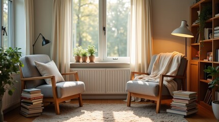 A relaxing reading nook with a cozy armchair, a floor lamp, a stack of books, and a soft throw blanket, set next to a large window with natural light