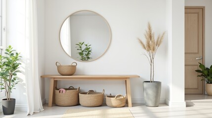 A beautifully designed entryway with a minimalist console table, a large round mirror, stylish storage baskets, and potted greenery for a welcoming