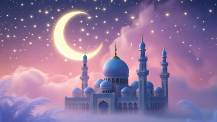 A dreamy mosque under a crescent moon and starry sky with soft clouds and pastel color palette