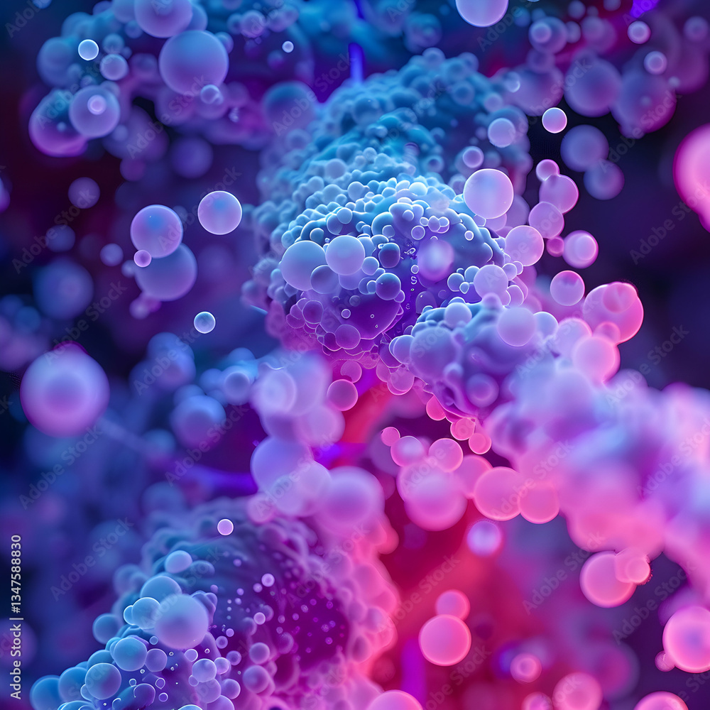 Poster bright blue bokeh circles illuminate moving cells under the microscope, creating a colorful, shiny p