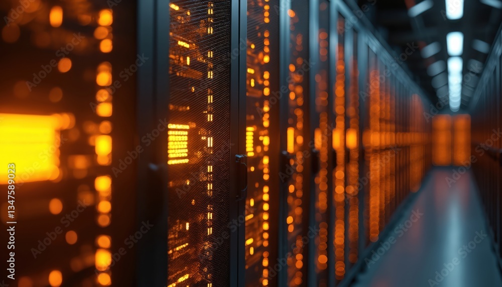 Poster illuminated server rack in data center. orange lights glow. modern tech network, cyberspace. compute