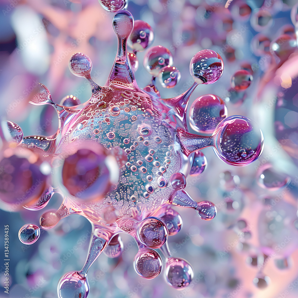 Poster transparent blue soap bubbles form a circular pattern with light reflections on a wet, abstract back