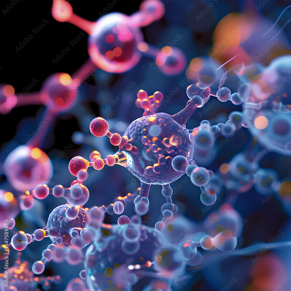 Poster blue bokeh circles and glowing bubbles highlight a 3d render of a dna molecule, creating a bright, s