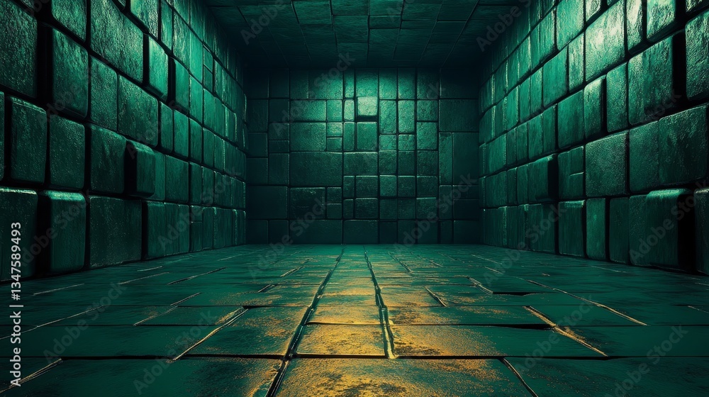 Poster glossy cubes are neatly arranged in this 3d render, depicting a futuristic tech wallpaper with a gre