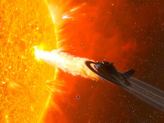 Spaceship escaping solar flare, cosmic background