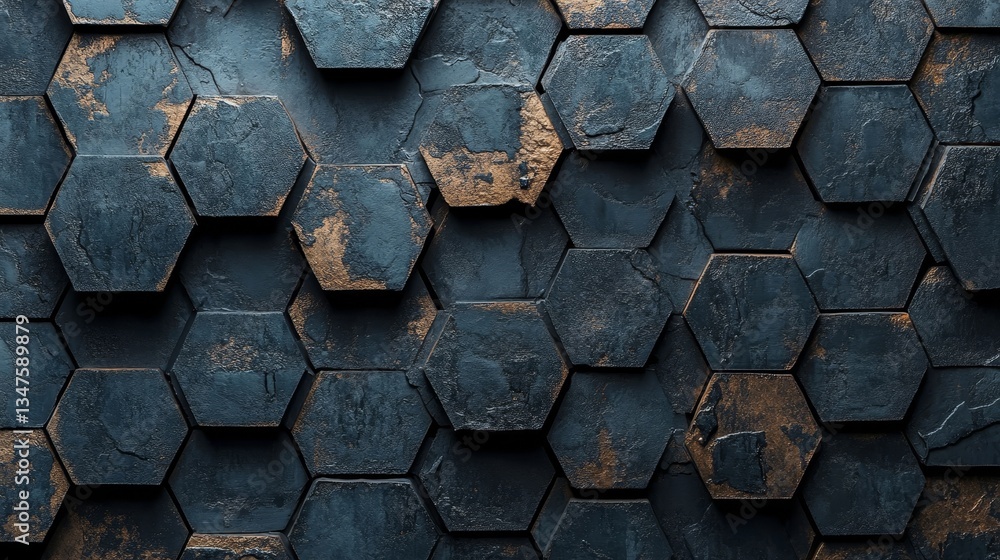 Poster futuristic tiles are arranged to form a semigloss wall, with a diamond shaped 3d background created 