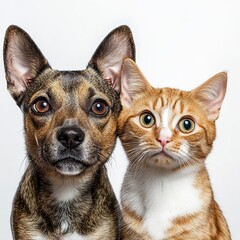 Obraz premium A photo of a dog and a cat staring at the camera, set against a plain white backdrop