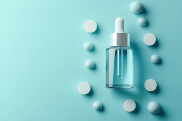 Bottle of serum on a blue background.