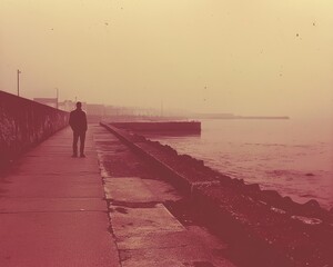 Fototapeta premium A young man is standing on the waterfront, gazing out at the sea