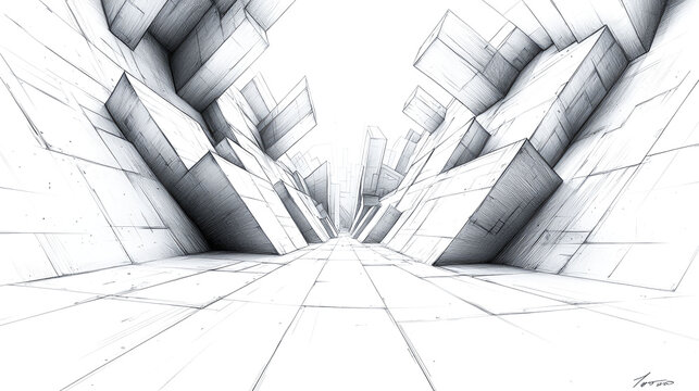 Monochrome Cubic City: A Futuristic Architectural Sketch