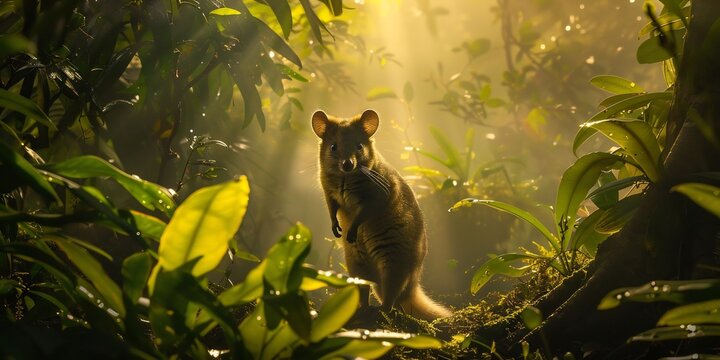 Cinematic wildlife shot of Northern Brushtail Possum navigating through dense rainforest under misty morning light captured long lens golden hour ambiance enhance the lush greens and warm highlights