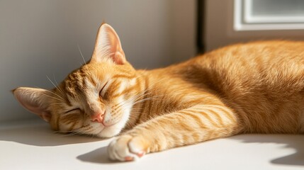 National Pet Day, Adorable Ginger Cat Napping Peacefully in Sunbeam Domestic Pet Sleeping