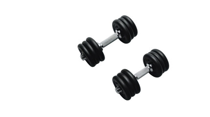 Two black dumbbells falling on transparent background for fitness concepts