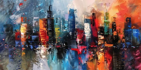 Abstract painting of urban skyscrapers, blending bold colors and dynamic brushstrokes to capture the essence of city life, towering architecture, and modern urban energy in a creative and artistic for