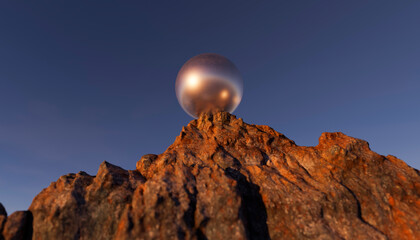 Silver sphere on a mountain top under a clear sky