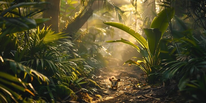 Cinematic wildlife shot of Northern Brushtail Possum navigating through dense rainforest under misty morning light captured long lens golden hour ambiance enhance the lush greens and warm highlights