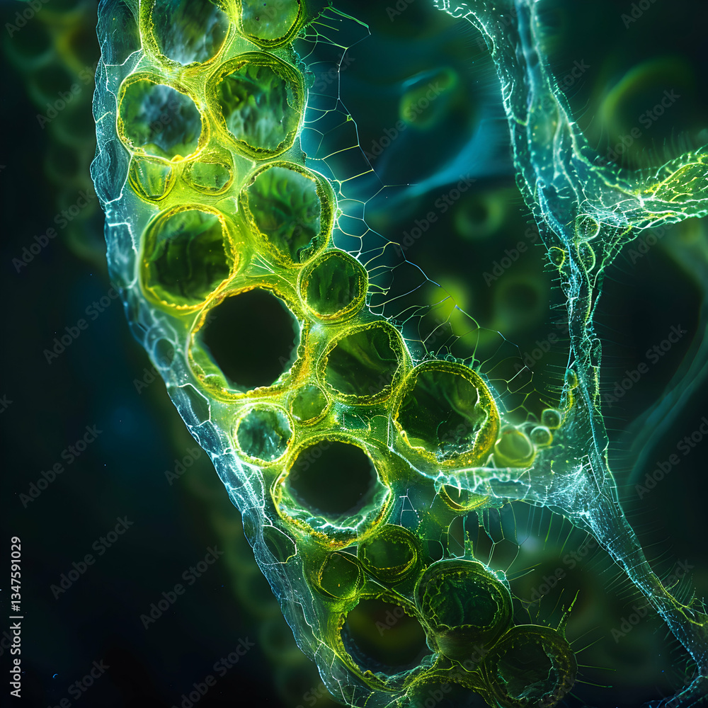 Poster microscopic blue 3d illustration shows bacteria and dna with a fractal pattern under the light of a 