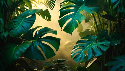 Lush foliage of large tropical leaves.  Bright light shines, creating an alluring, natural, jungle scene