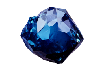Blue gemstone with complex facets on a black background, cut out transparent