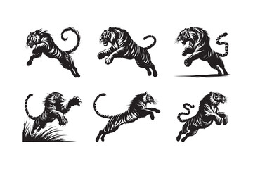 Set of Tiger Jump pose Silhouette logo icon , isolated on a white background