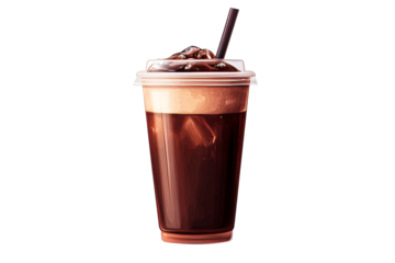 Cup iced drink, plastic straw, refreshing beverage, cut out transparent