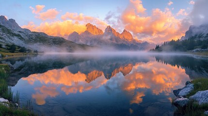 Sunrise over mountain lake, fog, reflection, peaceful scene, travel