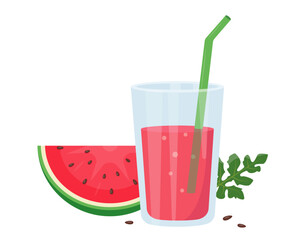 Fresh watermelon red juice in glass and piece of watermelon. Weight loss diet vitamin C smoothie. Detox fruit cocktail for healthy dieting. Vector illustration isolated on white background.