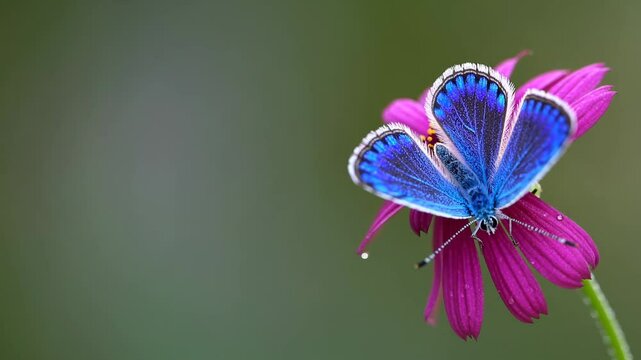 Delicate blue butterfly resting on vibrant purple blossom, translucent wings illuminating lush garden softscape