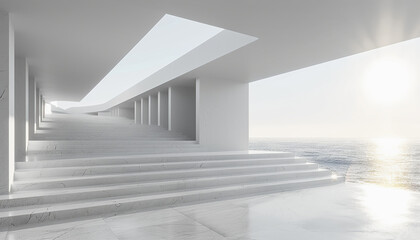 Obraz premium Modern Minimalist Stairway Leading to Ocean View Under Bright Sunlight