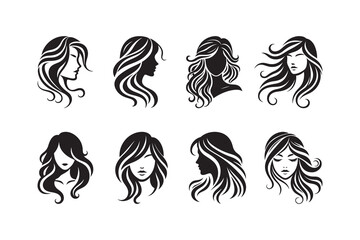 Set of  A simple and bold silhouette of a woman's face with long, wavy hair, outlined in black on a clean white background