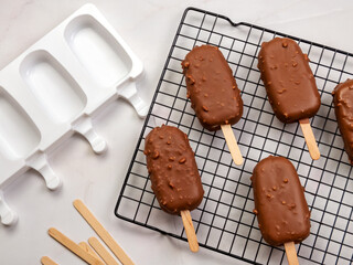 Top View of Chocolate-Dipped Ice Cream Bars with Mold and Sticks