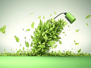 Green energy leaves charging, nature background